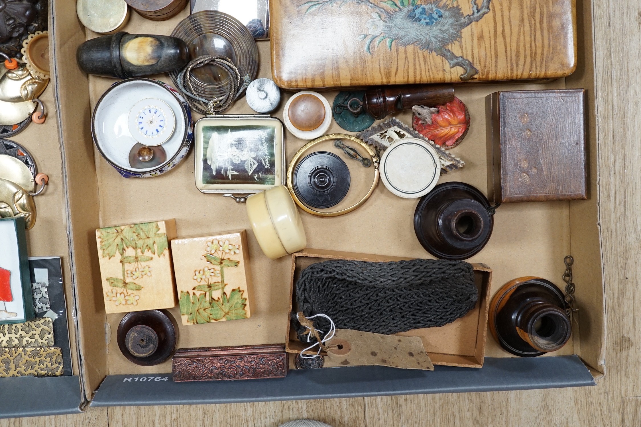 A collection of coquilla nut containers, various metal mounts, wooden and metal trinket boxes, mixed collectibles and jewellery